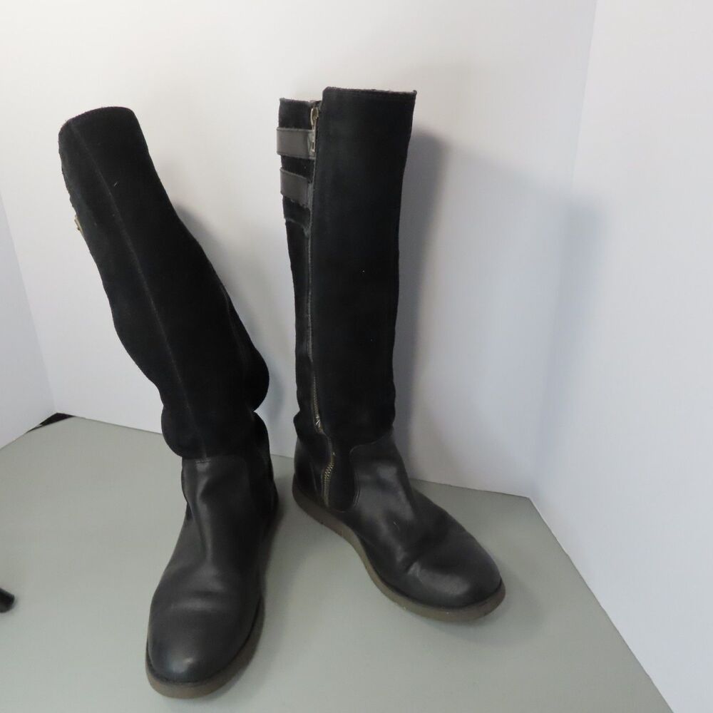 Timberland Black Leather Suede Tall Boots Womens Sz 8 Knee High Buckle Zip Boots